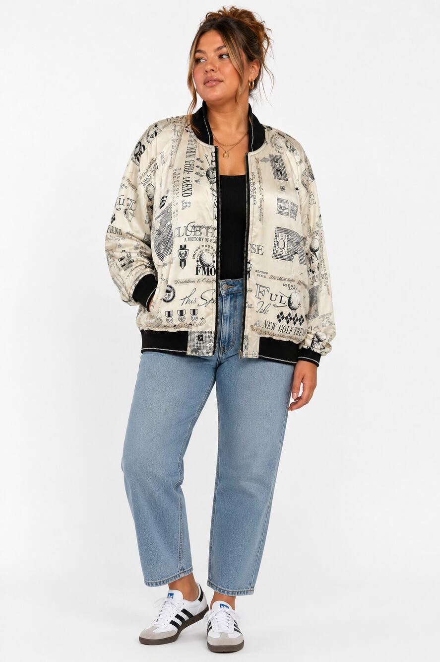Vtg Satin Retro Printed Golf Athleisure Zip Bomber Jacket Womens Size XL Novelty